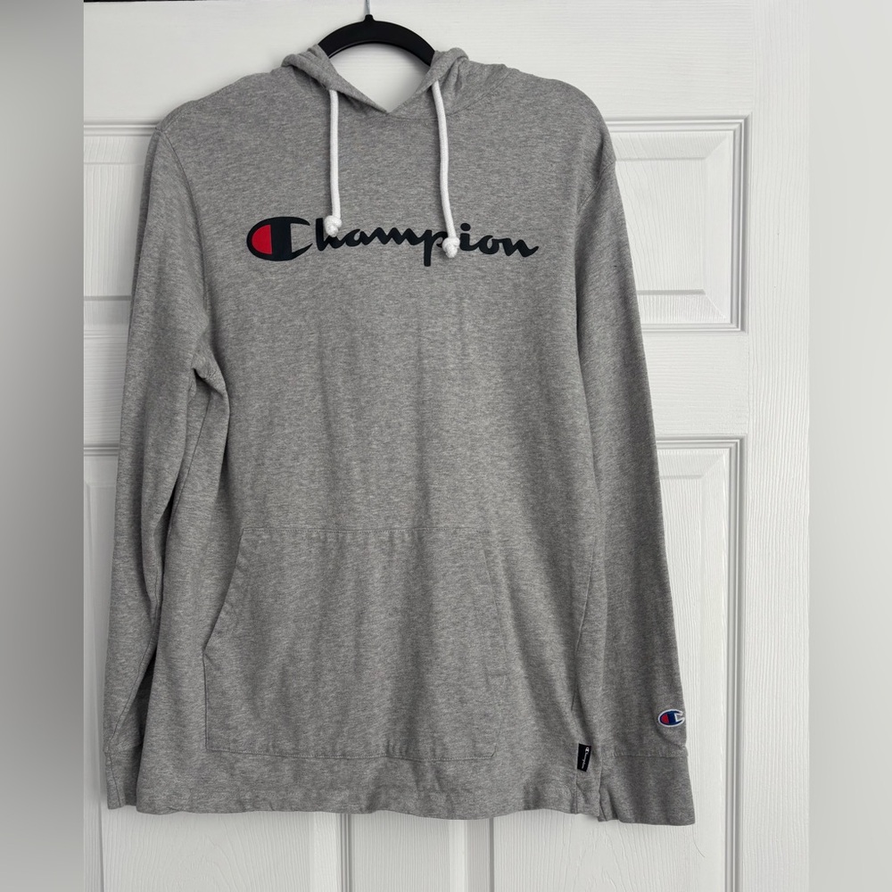 Champion Gray Hoodie with Classic Script Logo, Size M